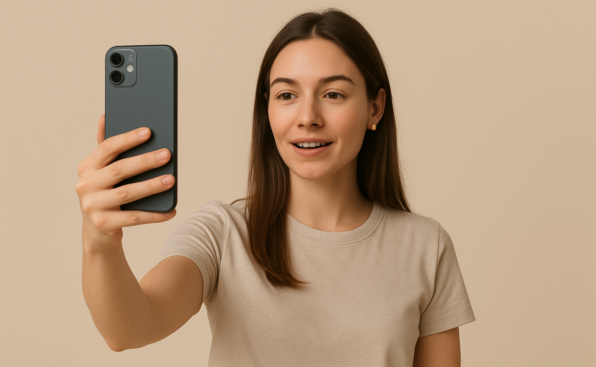 A_realistic_girl_filming_herself_on_a_smartphone_for_social_media__All_other_elements_including_the_background_stage_lighting_and_interior_details_should_be_flat_and_filled_with_solid_color_E8E7E4_with_no_visible_details_.png